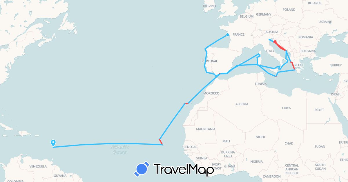 TravelMap itinerary: driving, hiking, boat in Cape Verde, Spain, France, Greece, Croatia, Italy, Martinique, Malta, Portugal (Africa, Europe, North America)