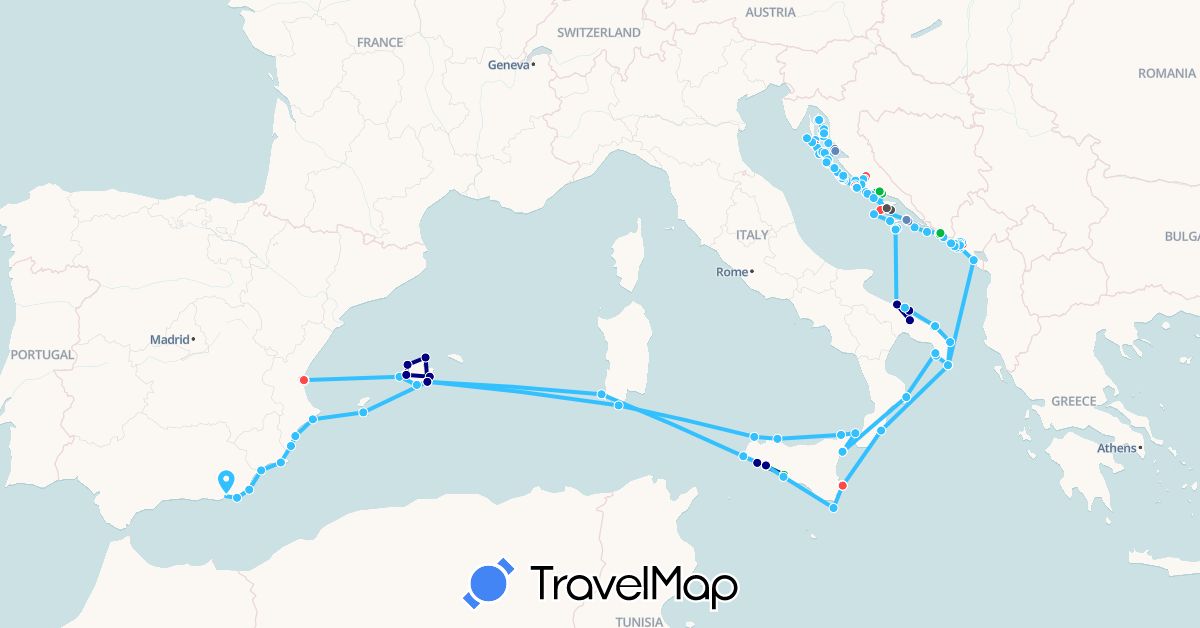 TravelMap itinerary: driving, bus, cycling, hiking, boat, motorbike in Spain, Croatia, Italy, Montenegro (Europe)
