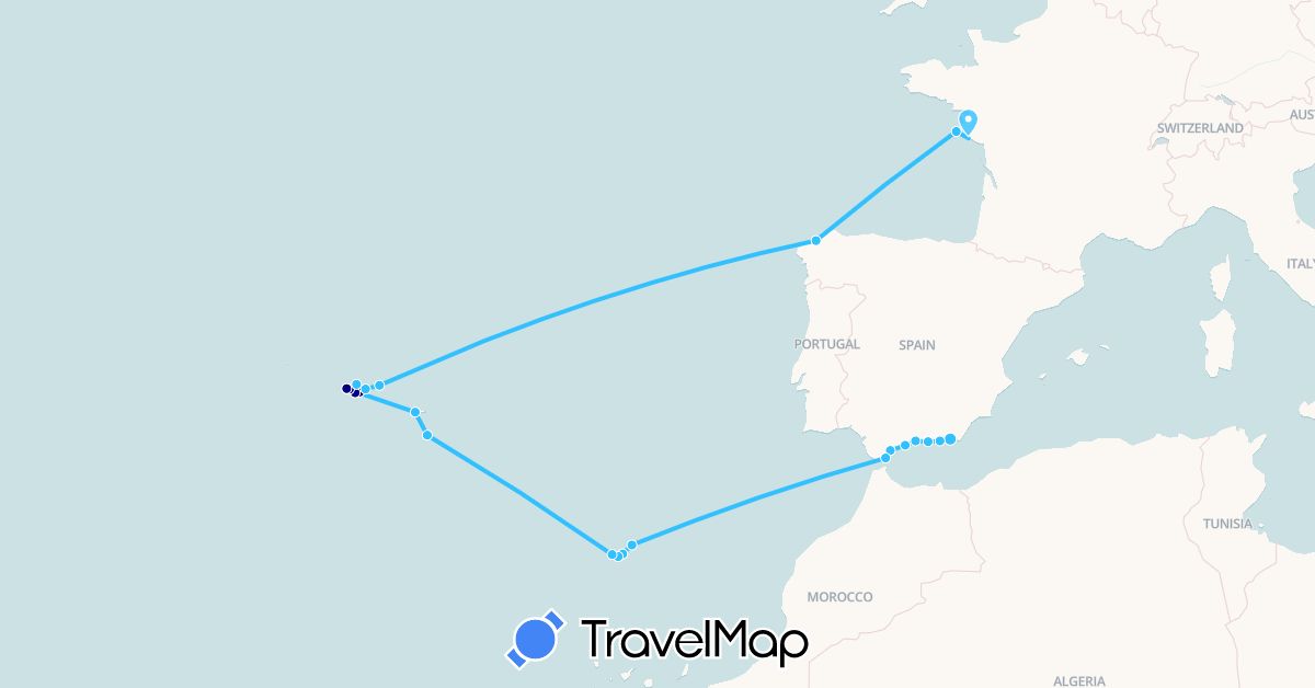 TravelMap itinerary: driving, boat in Spain, France, Portugal (Europe)